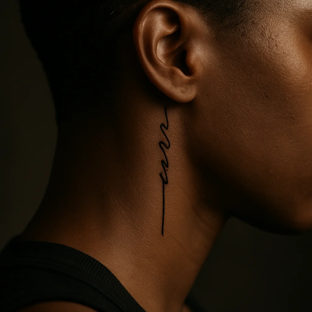 Small vertical script word tattoo running down the side of a woman's neck