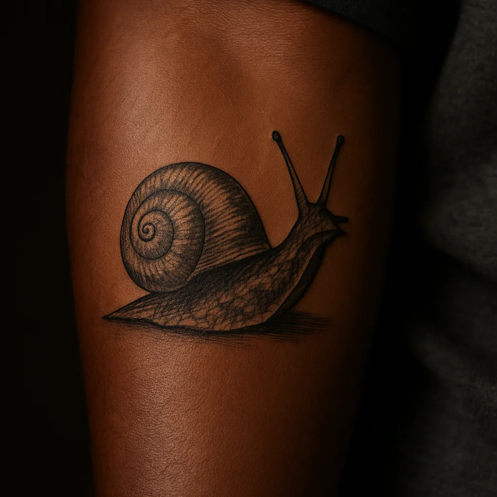 Snail with spiral shell and low arc body, illustrative tiny tattoo on inner forearm