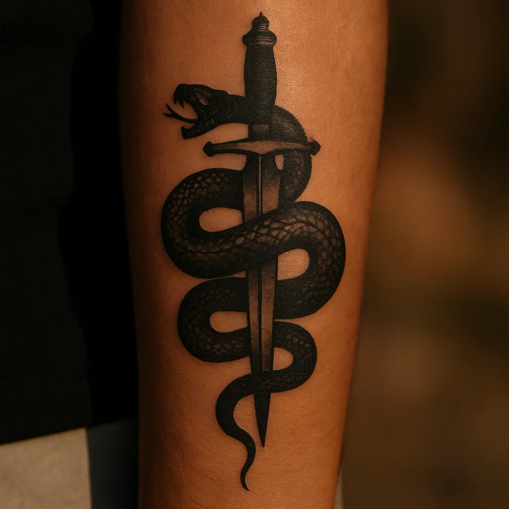 Snake coiled around a dagger with stippled black scales on the outer forearm