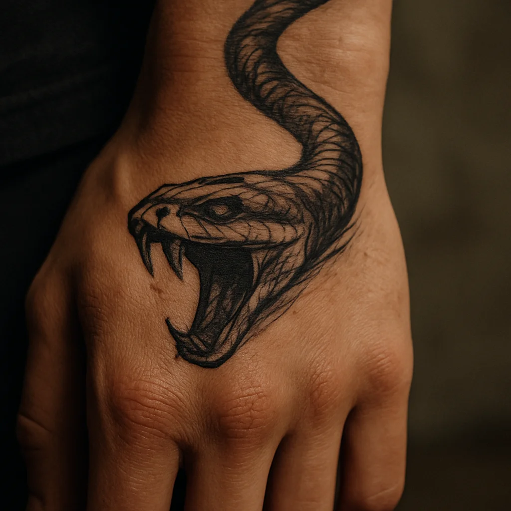 Snake head with open jaw coming down from the wrist onto the back of a man's hand