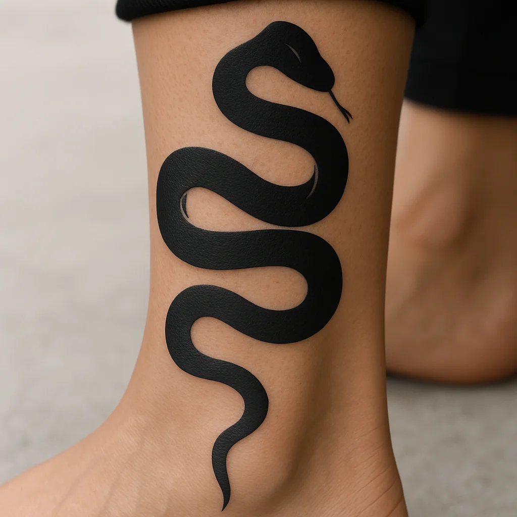 Snake spiralling down the shin with the head at the ankle bone in solid blackwork