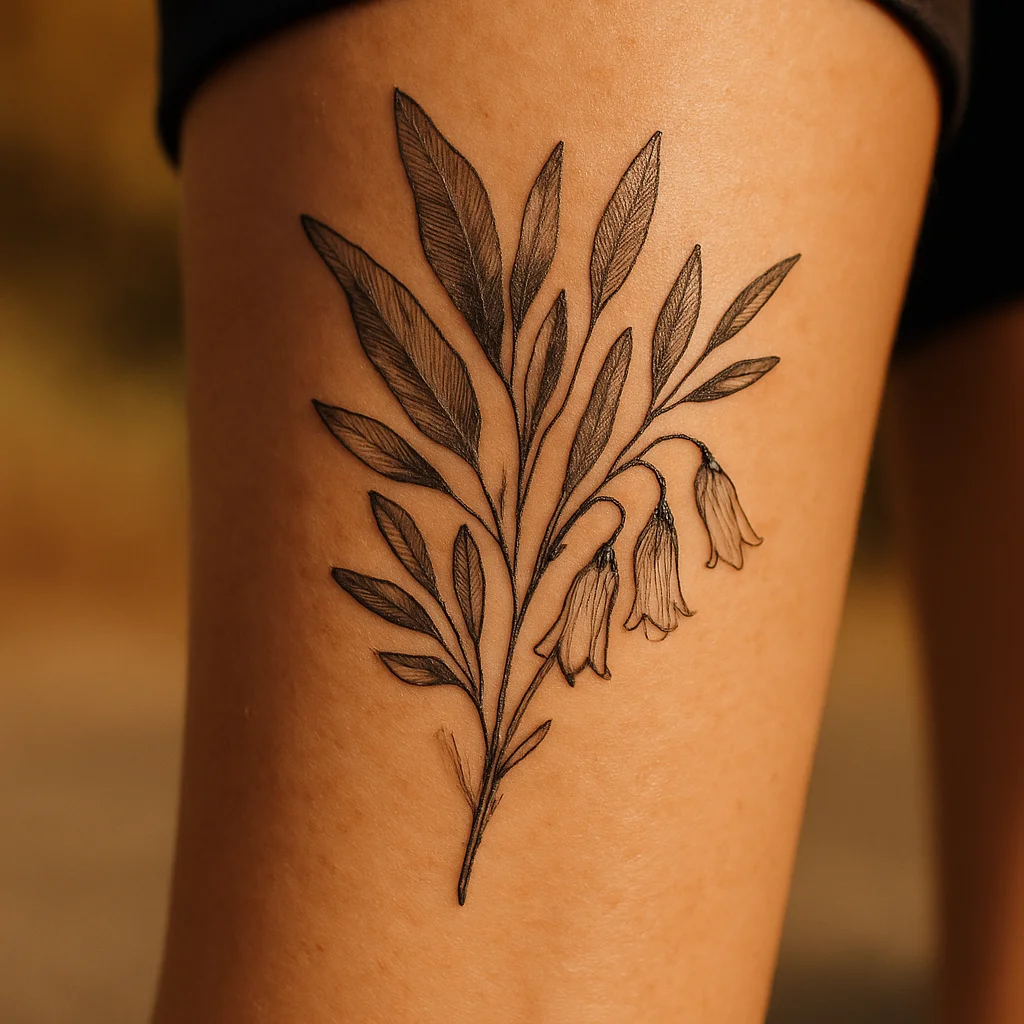 Soft green and white lily of the valley tattoo with pale bells on the calf