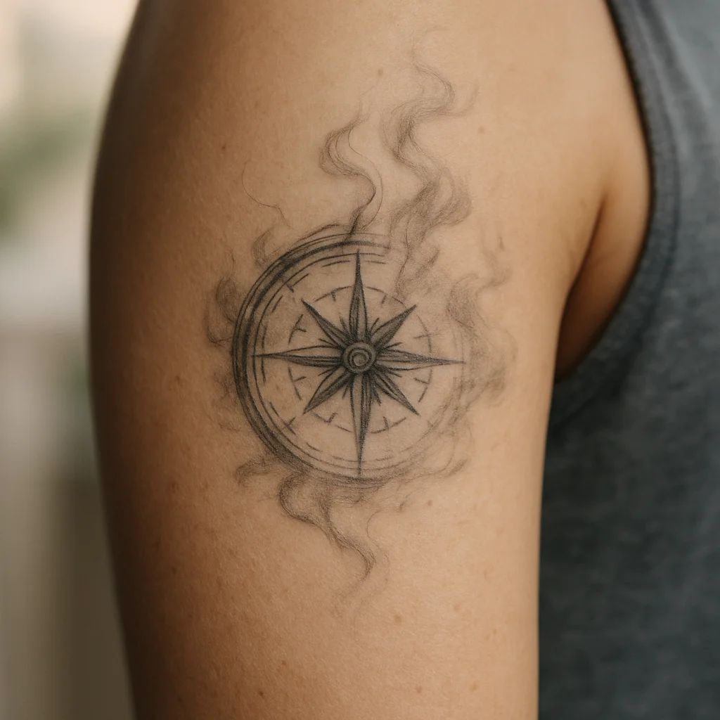 Soft grey compass surrounded by dissolving smoke tattooed on a man's upper arm