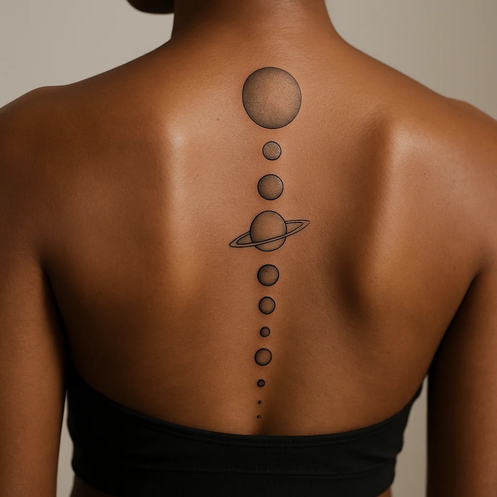 Solar system planets shrinking downward in fine-line spine tattoo with ringed planet
