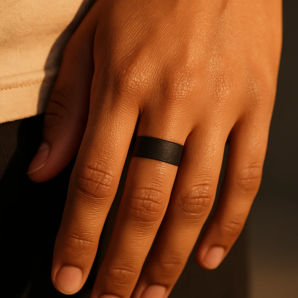 Solid black band tattoo wrapped fully around a man's ring finger