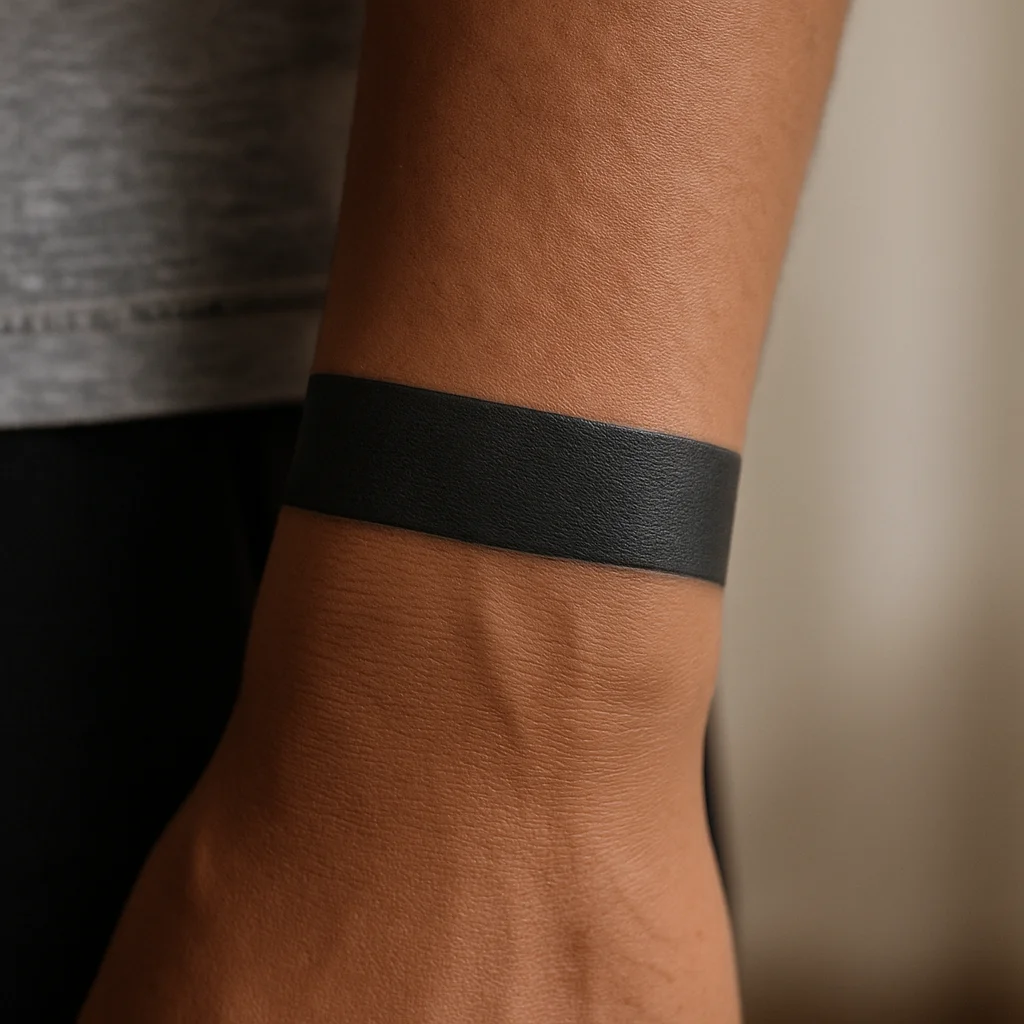 Solid black band tattoo wrapping around the wrist in blackwork style