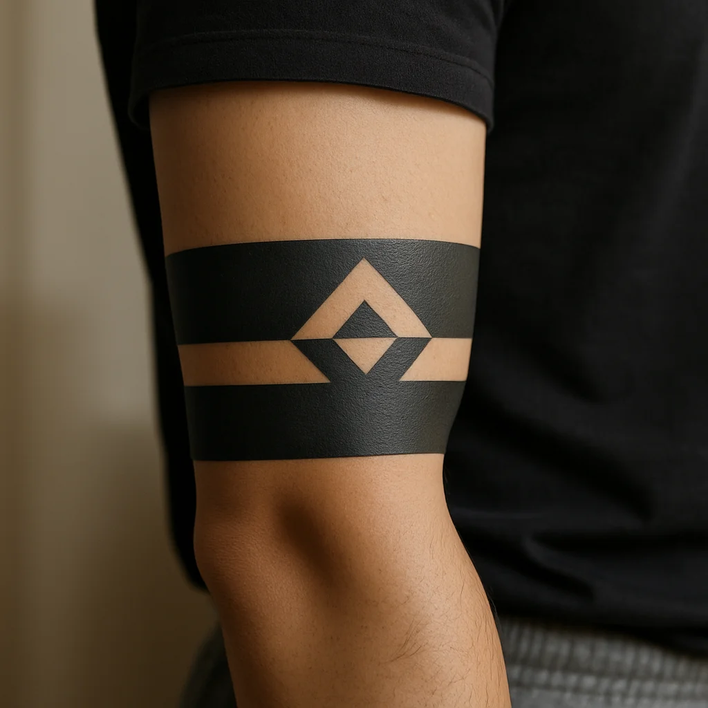 Solid black band with negative-space geometric cutouts above the elbow