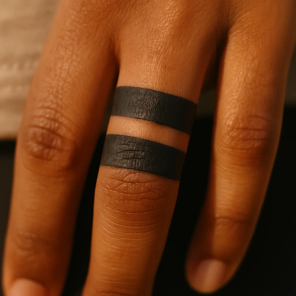 Solid black bar with one negative-space gap tattooed on a finger