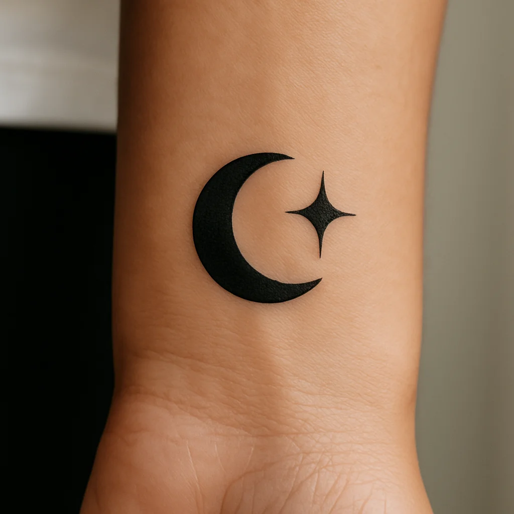 Solid black crescent moon and four-point sparkle star, minimalist tattoo on inner wrist