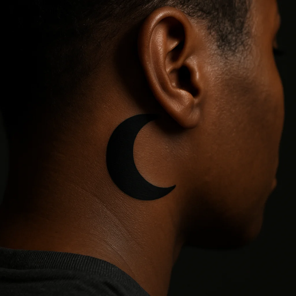 Solid black crescent moon tattoo in blackwork style behind the ear