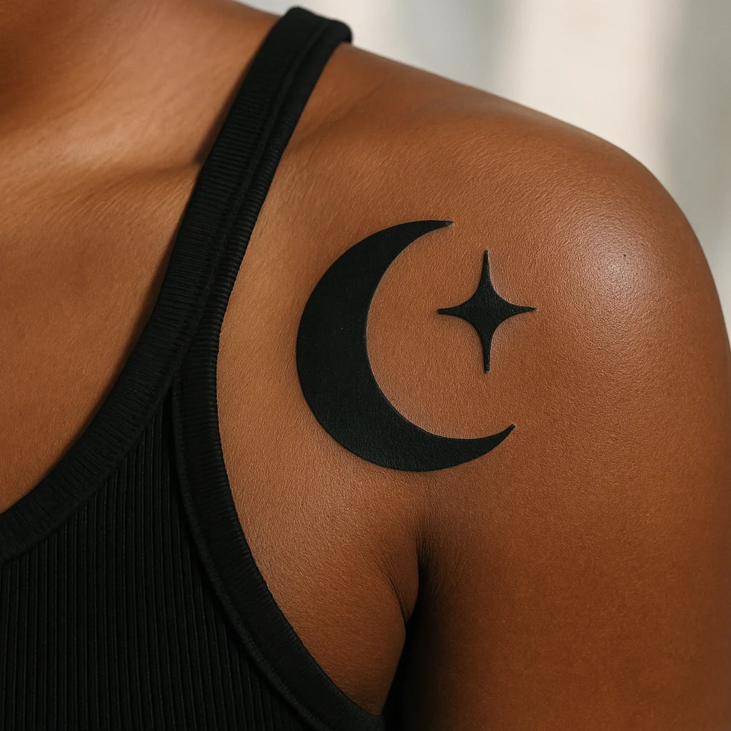Solid black crescent moon with four-point sparkle star, blackwork tiny tattoo on the shoulder