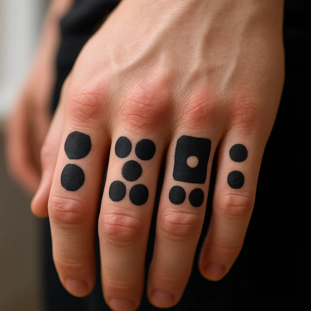 Solid black dice pip clusters tattooed one per knuckle on a man's hand