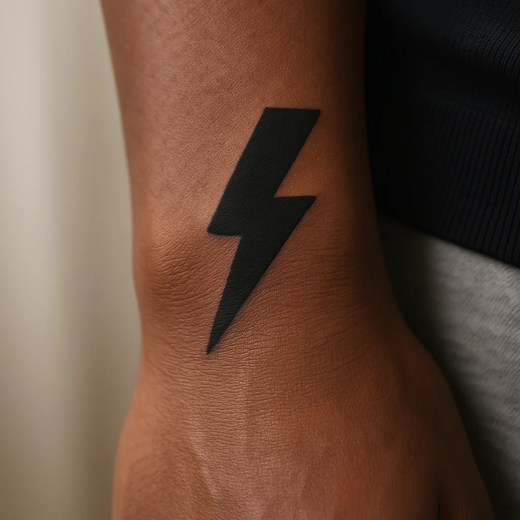 Solid black lightning bolt tattoo on the thumb-side edge of the wrist
