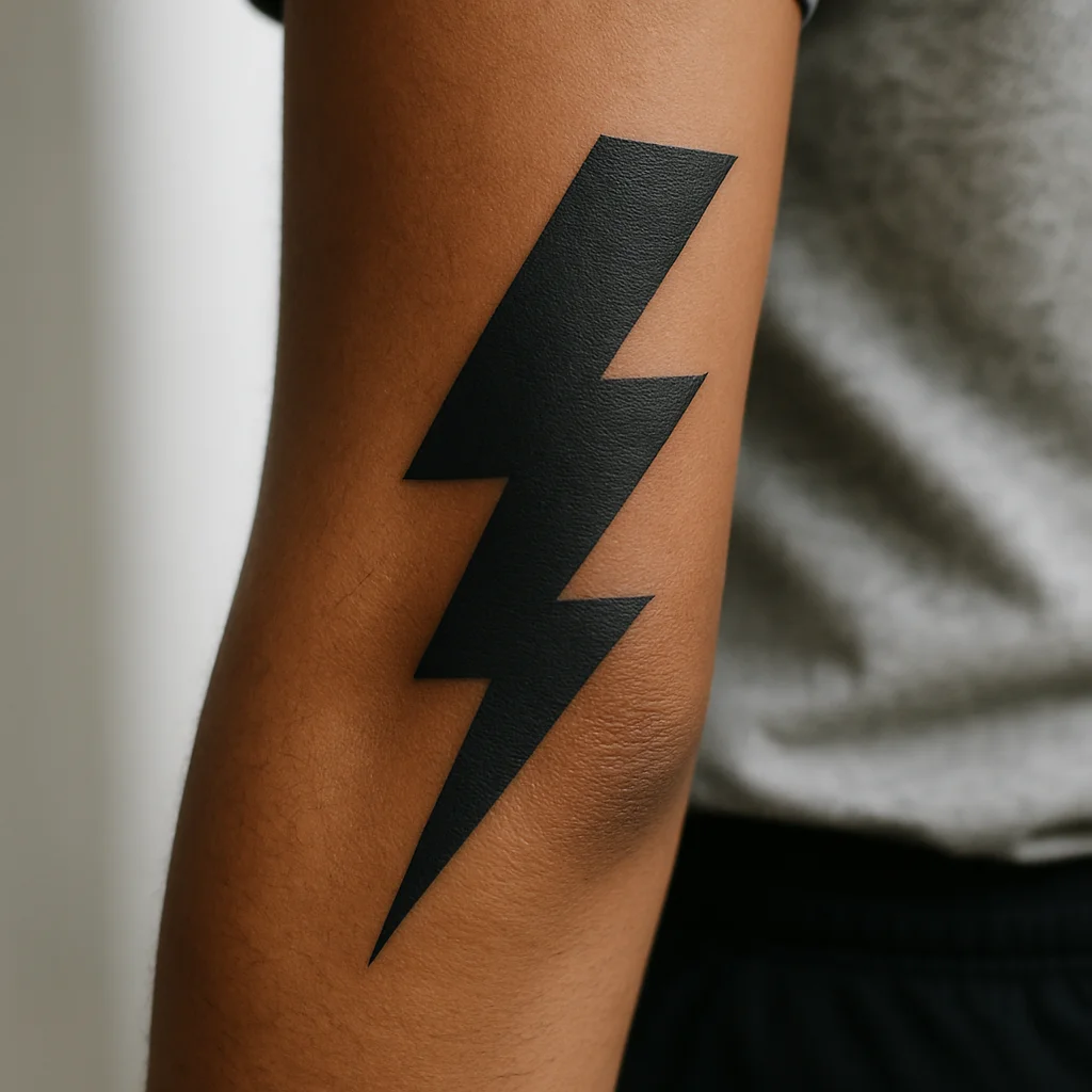 Solid black lightning bolt with sharp angles, blackwork micro tattoo on outer forearm
