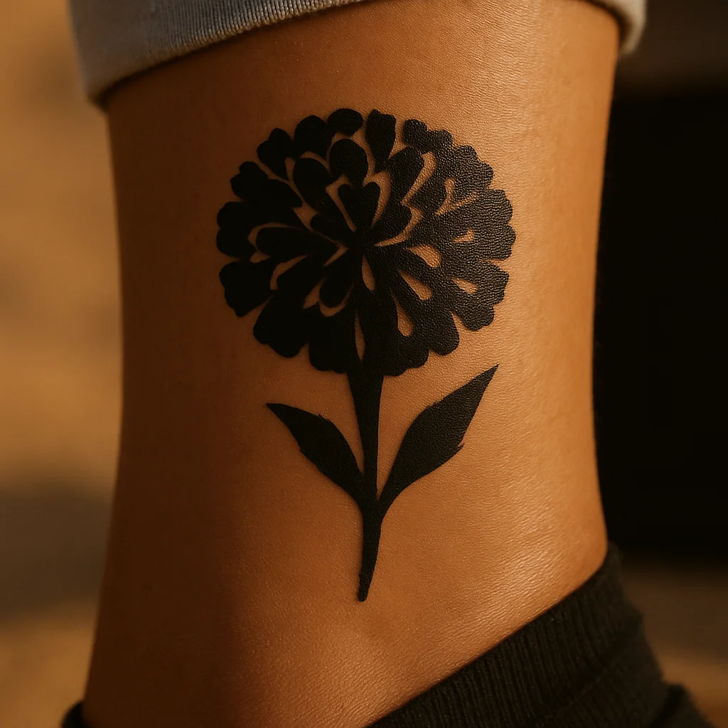 Solid black marigold pompom silhouette with negative-space petal edges on the ankle