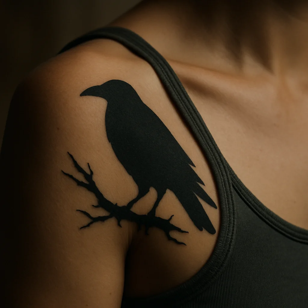 Solid black raven on a bare branch tattooed across the shoulder