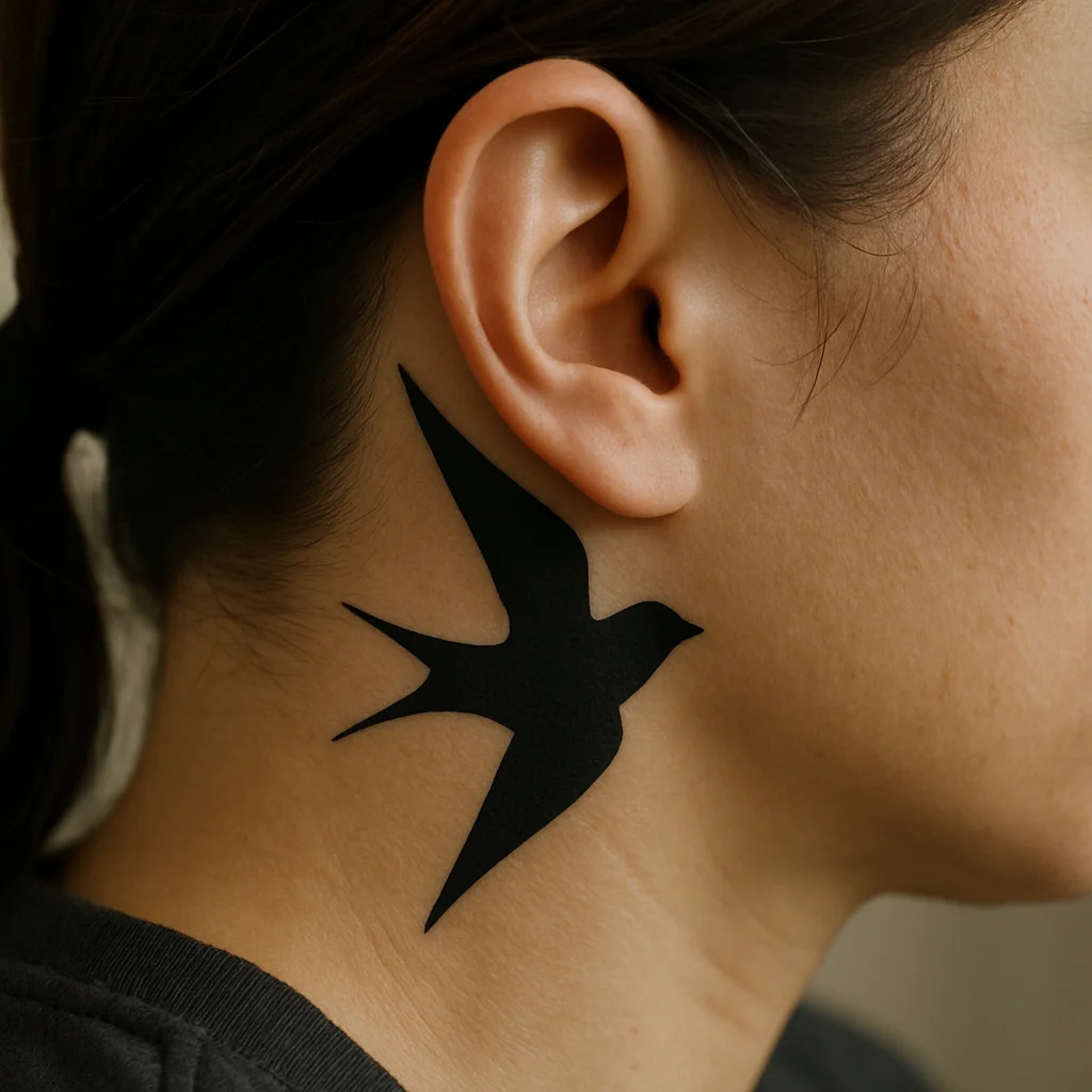 Solid black swallow silhouette tattoo behind the ear