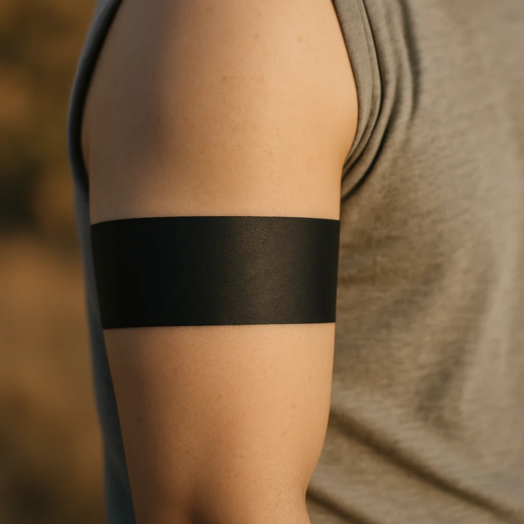 Solid blackout band of saturated black ink around an upper arm, the most expensive per-session removal case