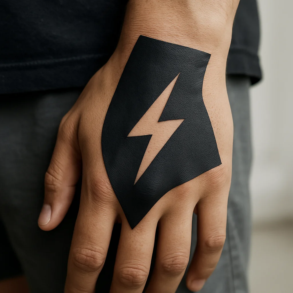 Solid blackout wedge with negative-space lightning carved out across the back of the hand