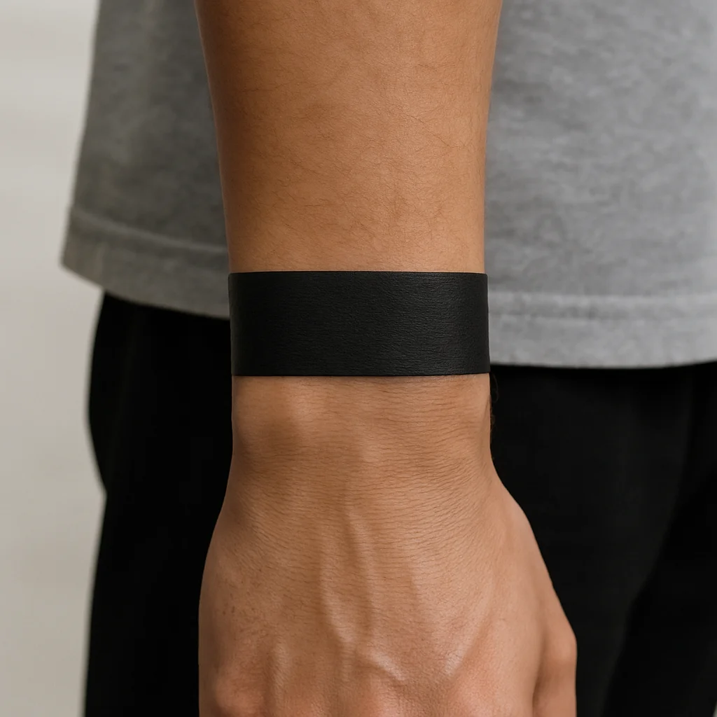 Solid blackwork armband circling a man's forearm just above the wrist bone