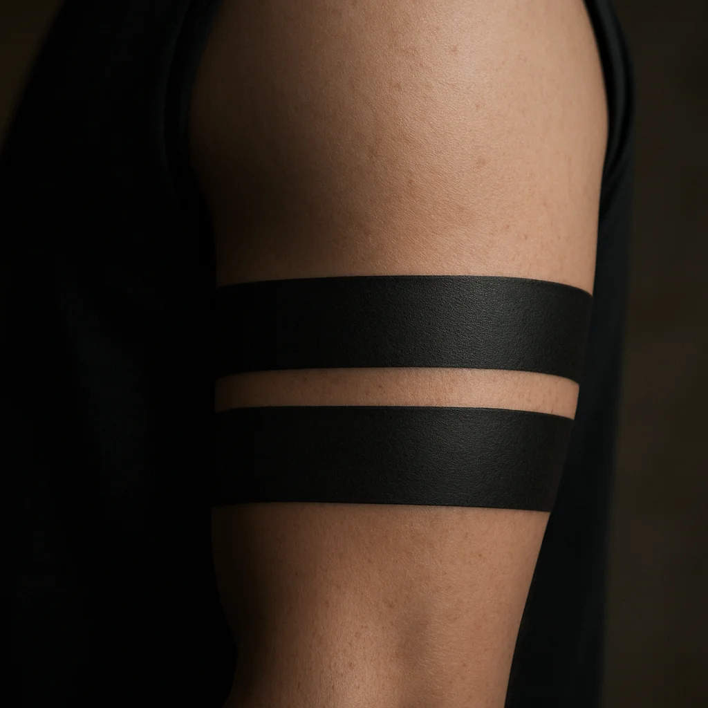 Solid blackwork armband with a negative-space stripe on a woman's upper arm