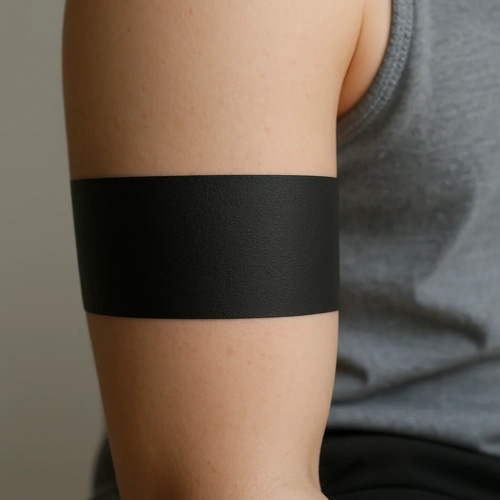 Solid blackwork band tattoo fully settled and flat at eight weeks on the upper arm
