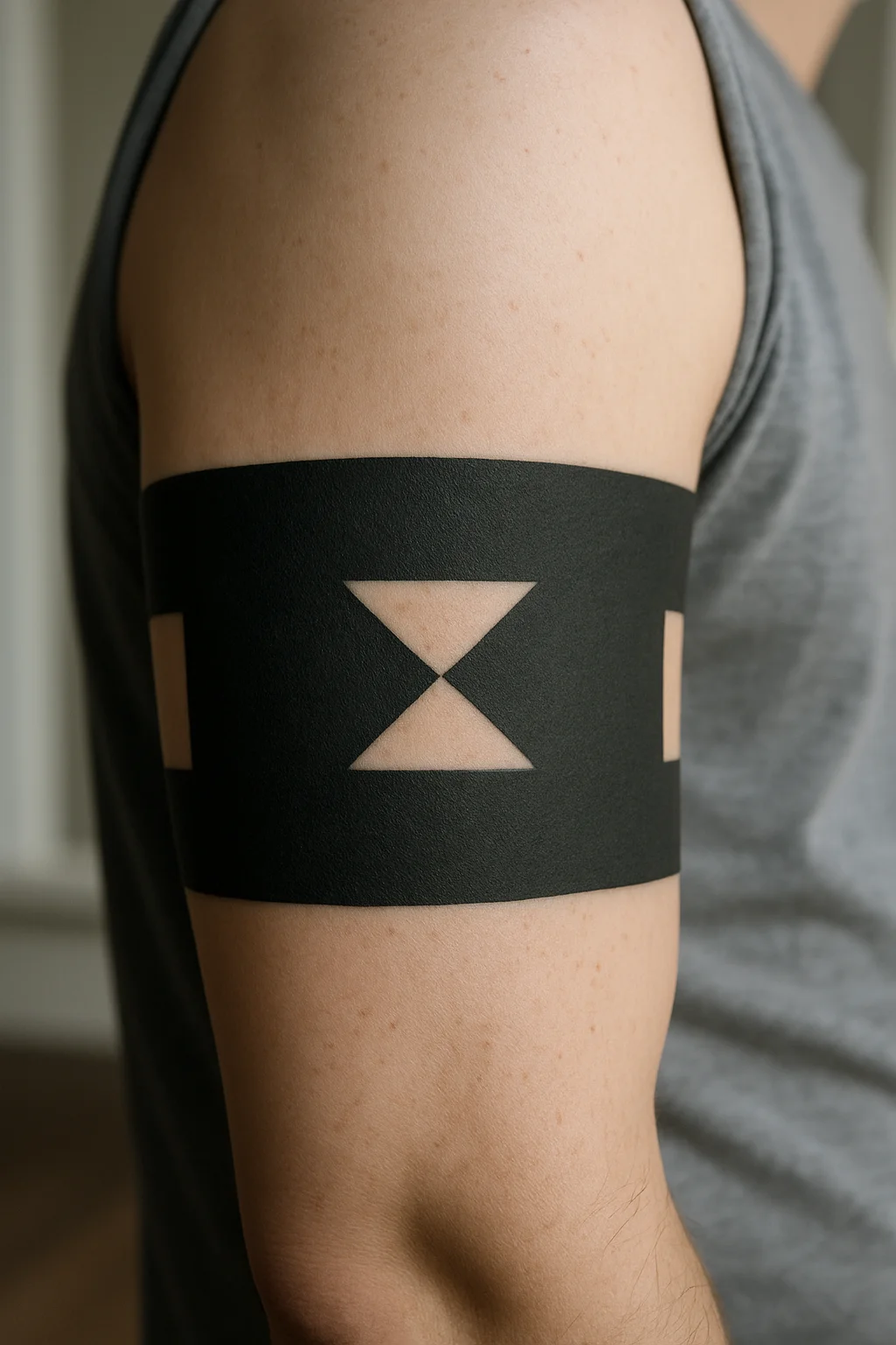 Solid blackwork band with negative space linking sleeve panels on the upper arm