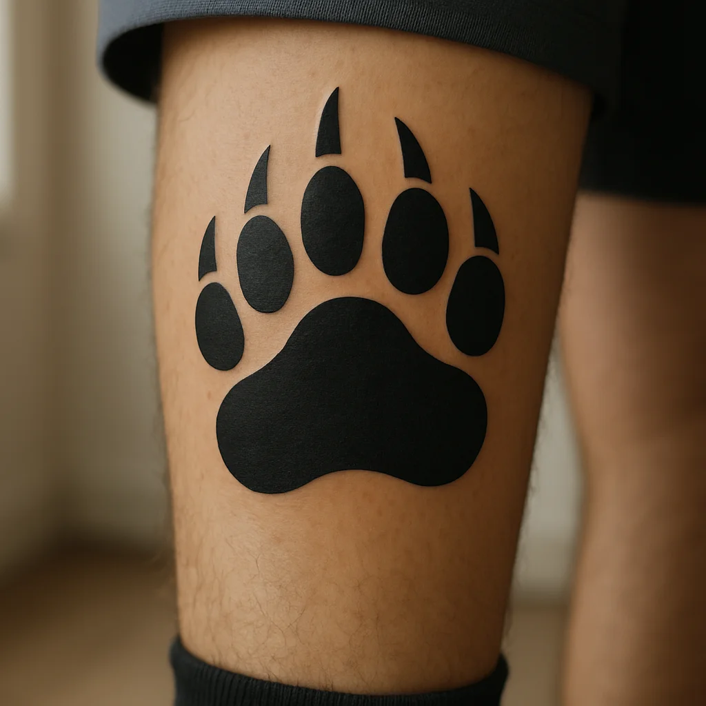 Solid blackwork bear paw print tattooed on the calf beside space for a smaller cub paw