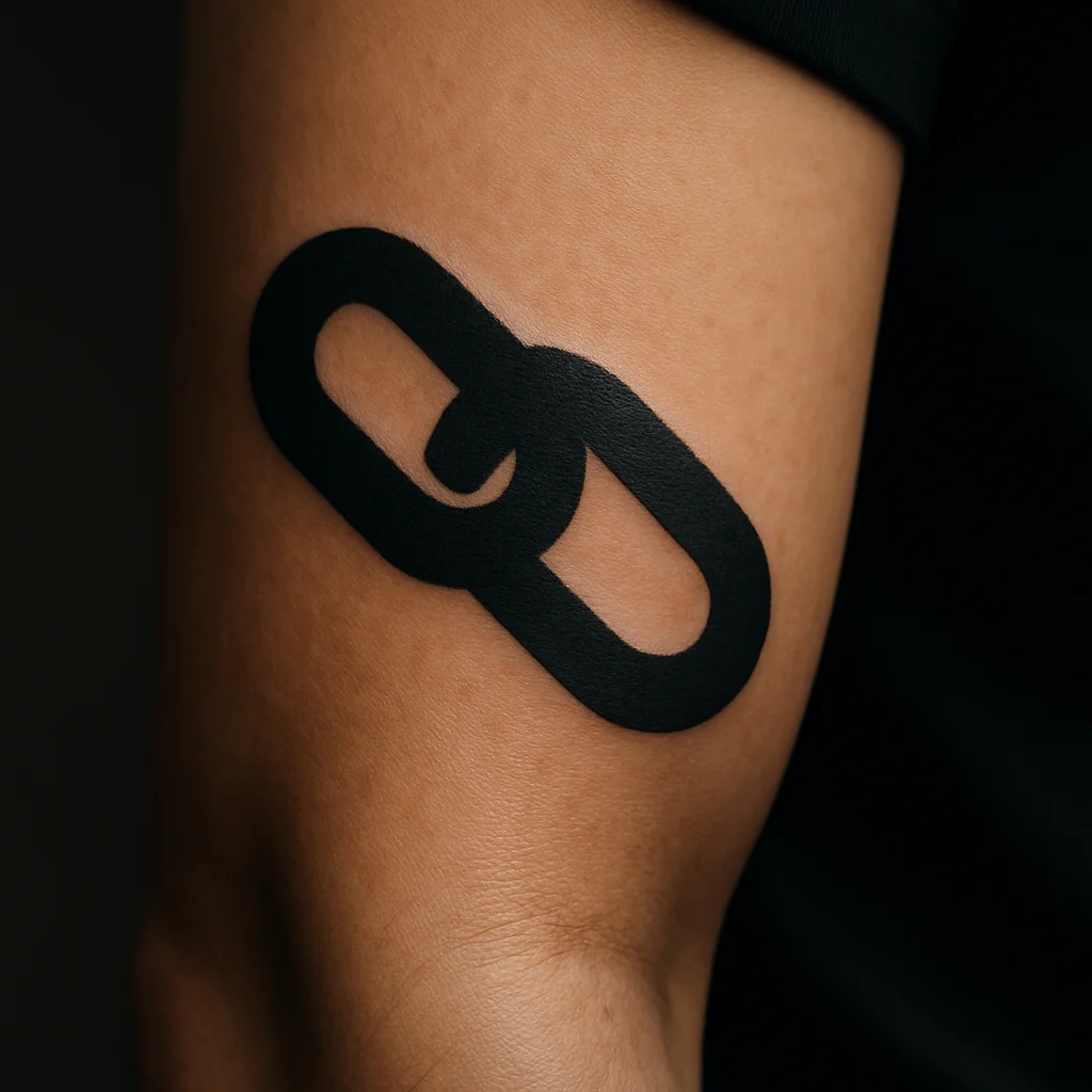 Solid blackwork chain link tattoo on the outer forearm designed to interlock with a matching piece