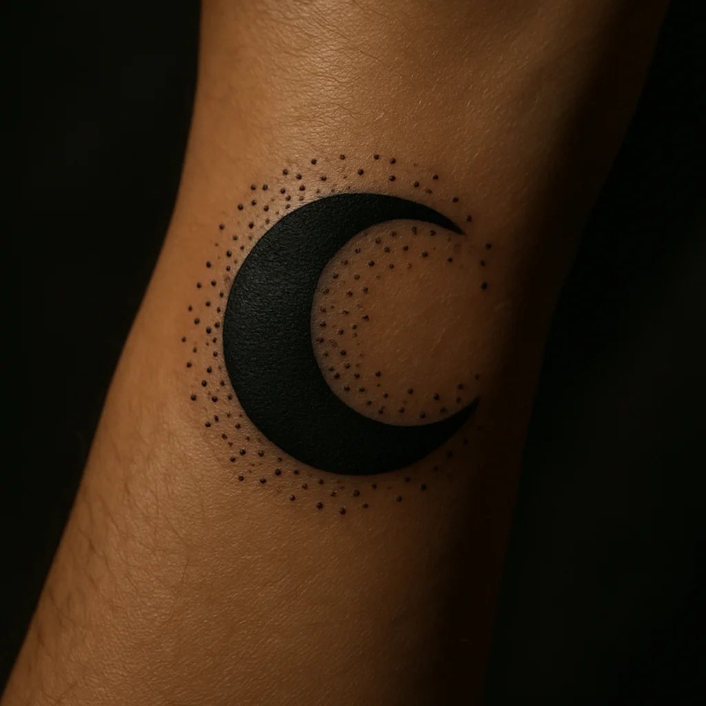 Solid blackwork crescent moon with dot halo tattoo on side of the wrist