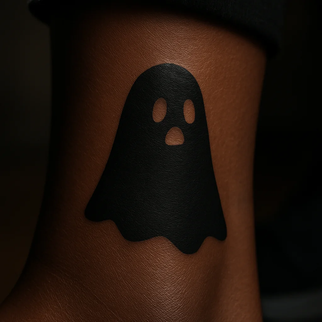 Solid blackwork ghost with negative-space face tattooed on the ankle