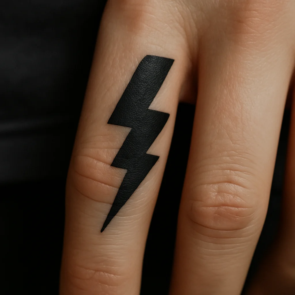 Solid blackwork lightning bolt tattooed on the side of a finger