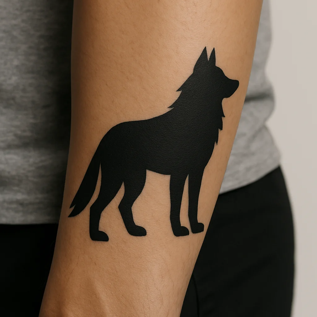 Solid blackwork wolf silhouette tattoo on the outer forearm, paired with a smaller pup