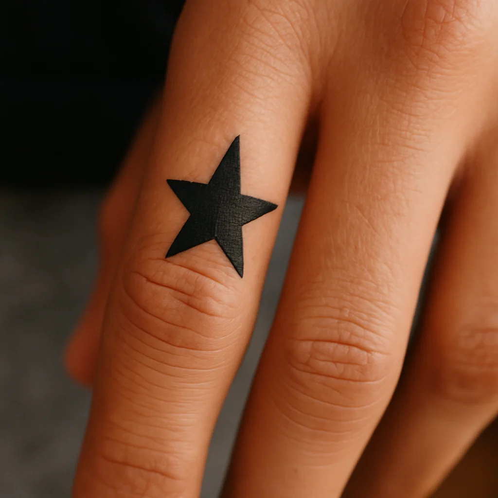 Solid five-point star tattooed between the knuckles of a middle finger