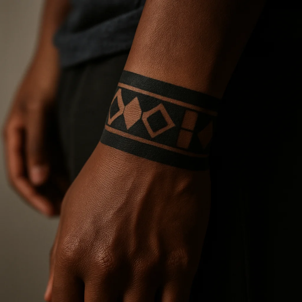 Solid patterned cuff band tattooed around the wrist as a hard border for a sleeve