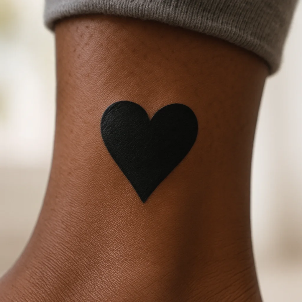 Solid playing-card heart pip, traditional tiny tattoo on the ankle
