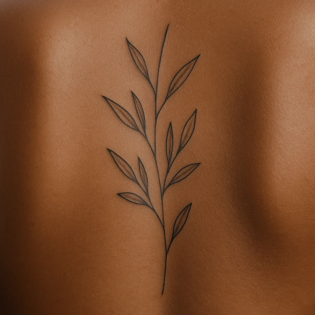 Sparse olive branch tattoo with unshaded leaves and crossing stems down the centre of the spine
