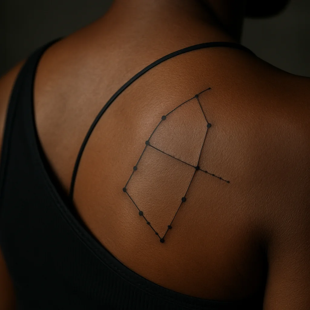 Split constellation of varying-size dots tattooed on the shoulder blade