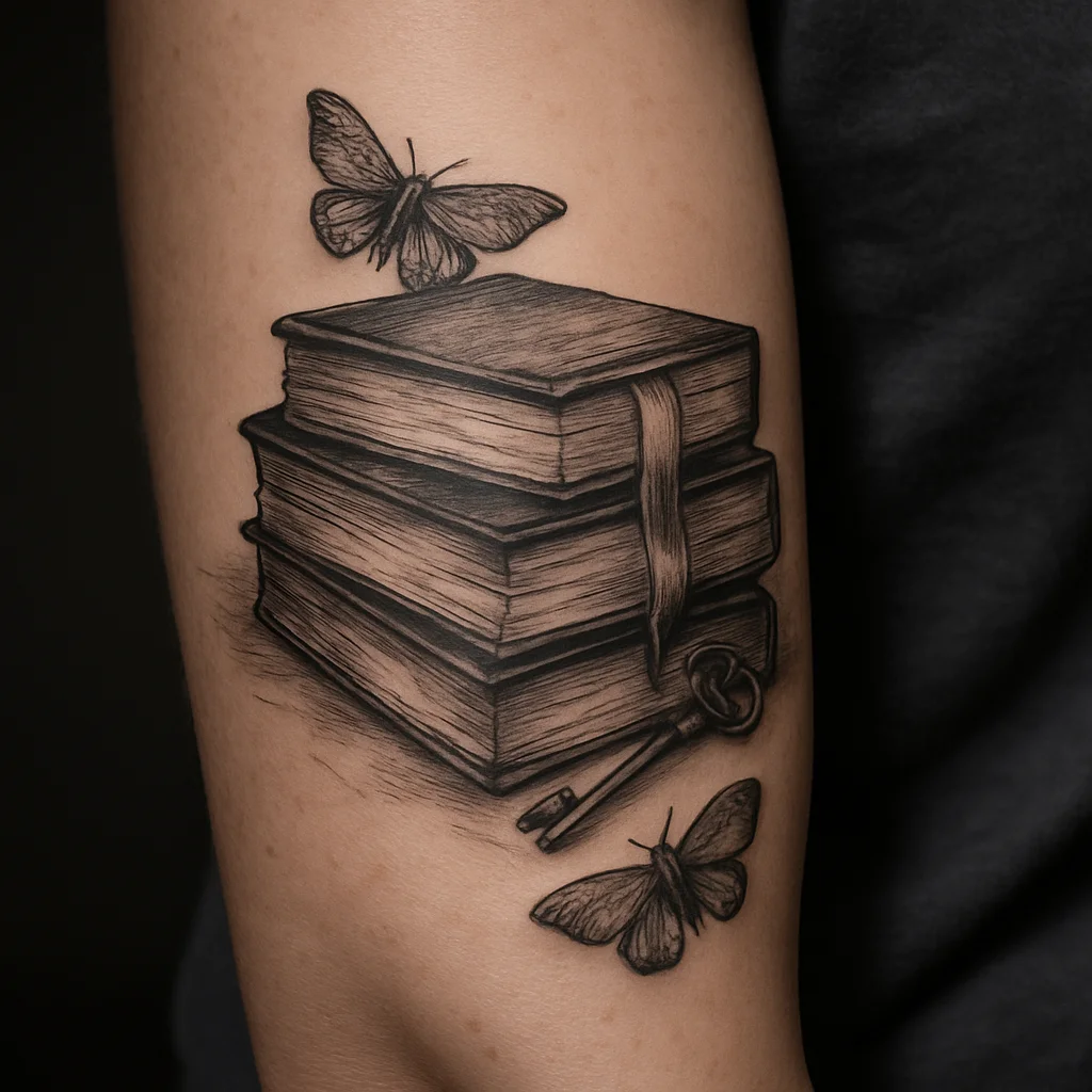Stacked books, skeleton key and moths still life in grey wash on the outer forearm