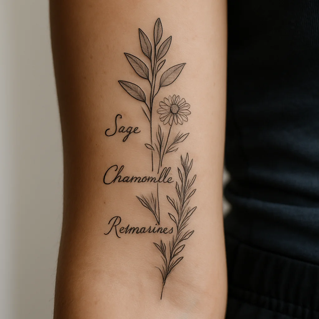 Stacked botanical herbs with hand-lettered Latin names in fine-line style on the outer forearm
