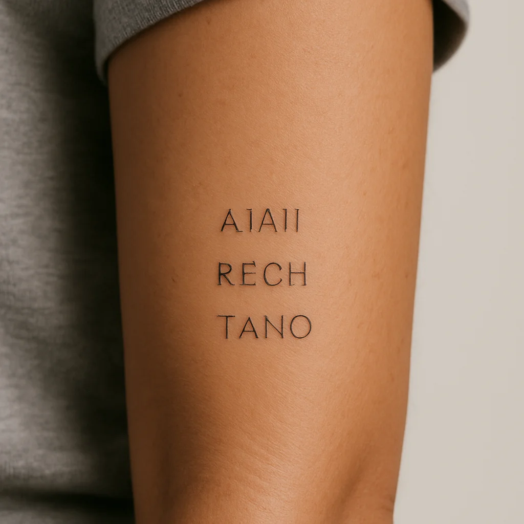 Stacked column of three children's first names in fine-line lettering on the inner forearm