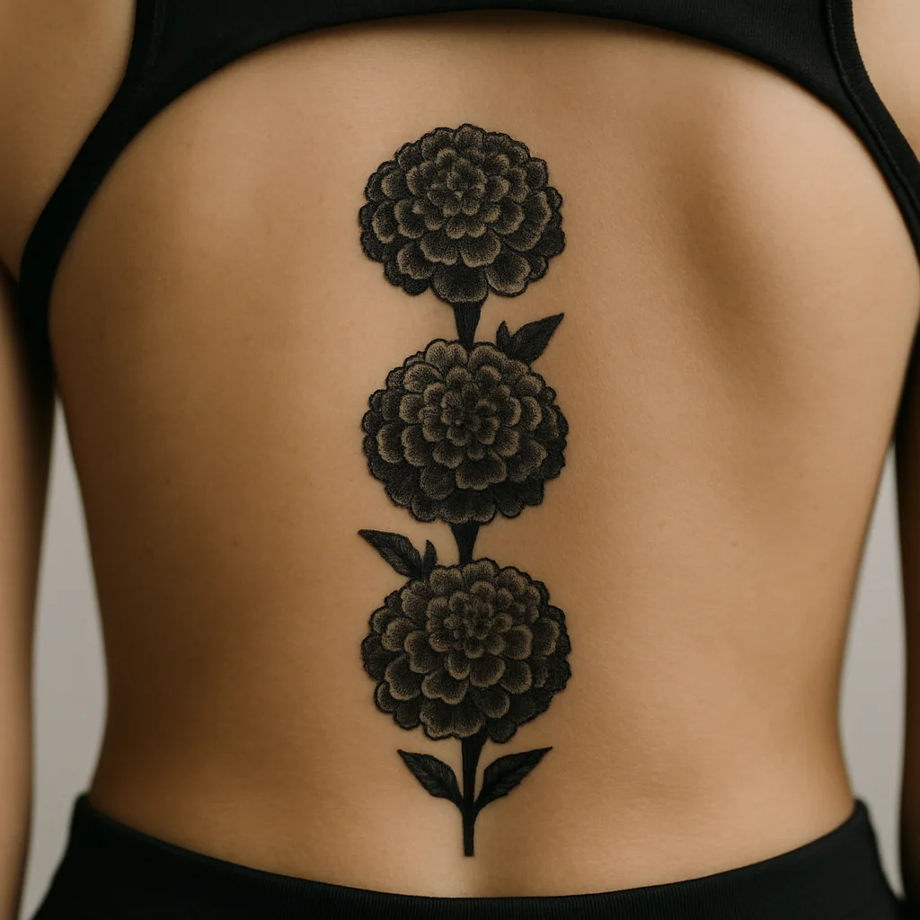 Stacked dotwork marigold heads shaded in stippling running down the spine