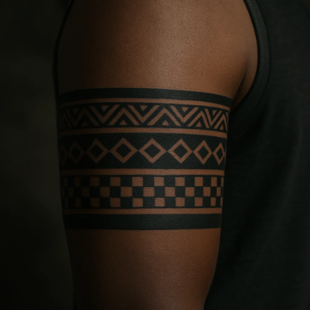 Stacked geometric pattern bands circling the upper arm in blackwork