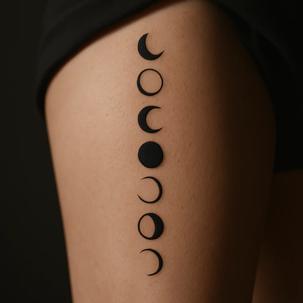 Stacked moon phase tattoo running vertically down the mid inner thigh