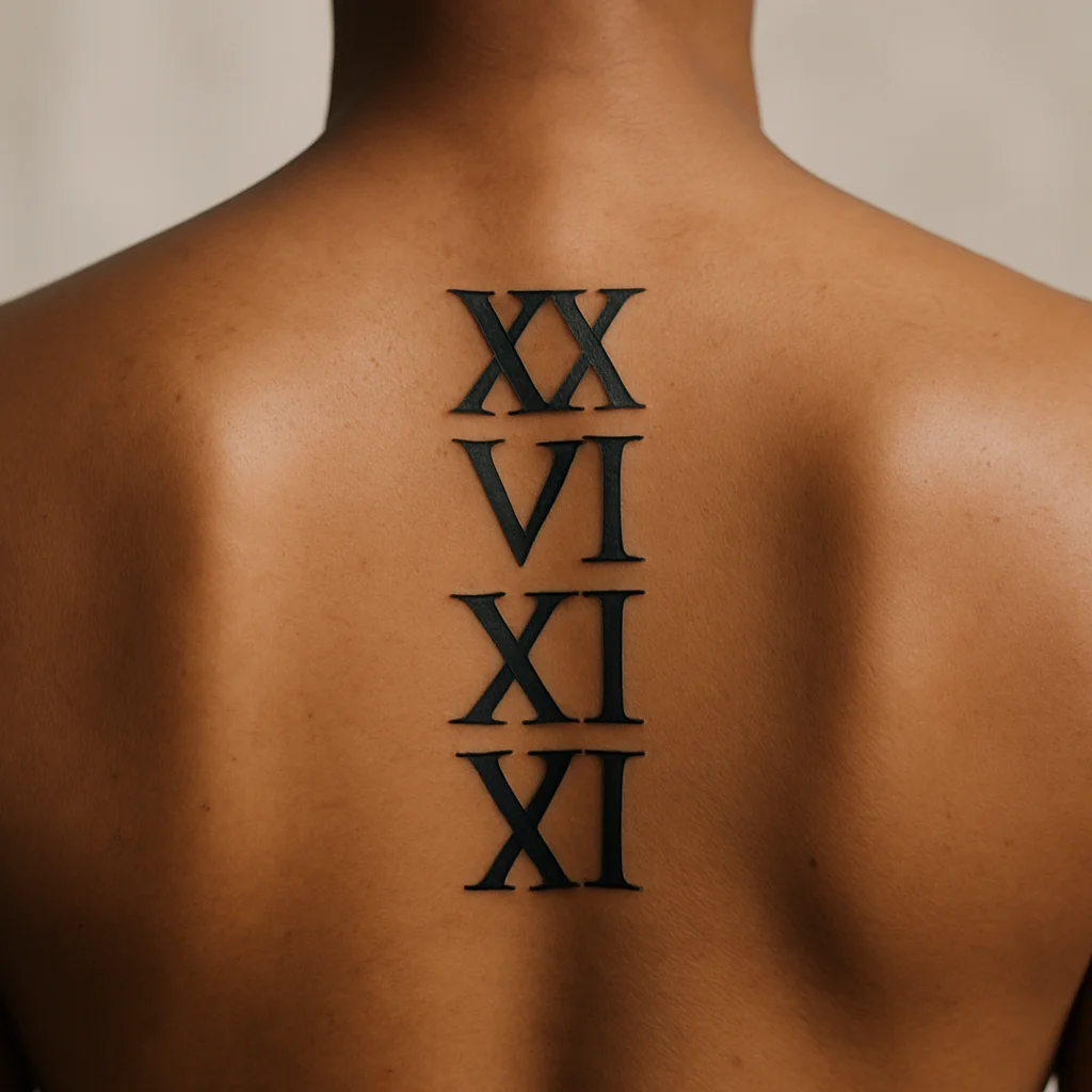 Stacked Roman numeral date geometric tattoo centred on the mid-back spine