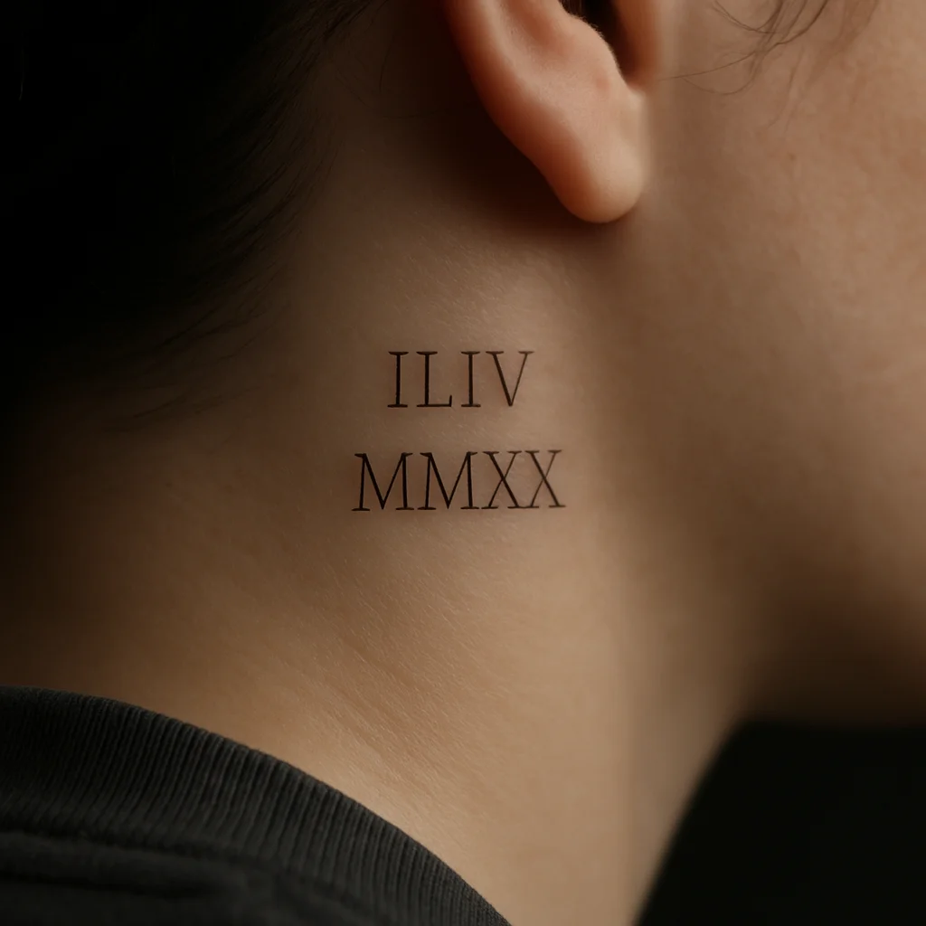 Stacked Roman numeral date tattoo in fine line behind the ear