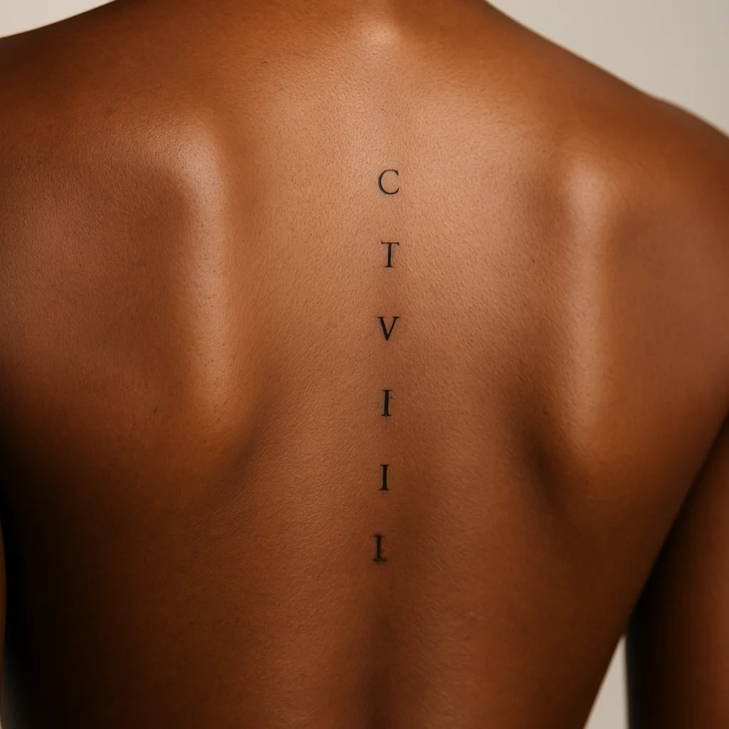 Stacked small caps Latin phrase minimalist tattoo aligned down the spine from C7
