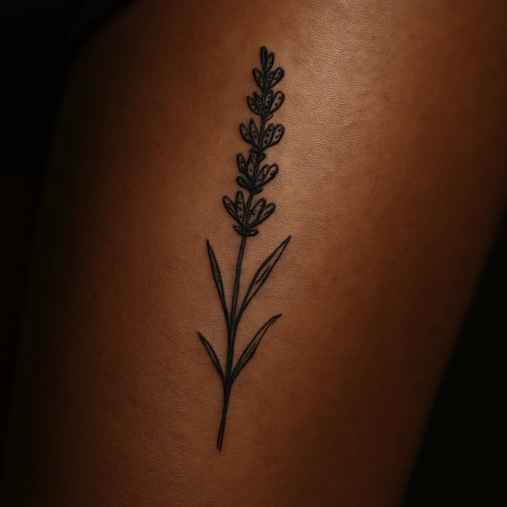 Stippled lavender sprig tattoo above the knee on inner thigh