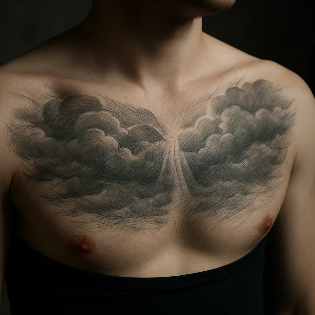 Storm sky chest tattoo with breaking light rendered in smooth grey shading