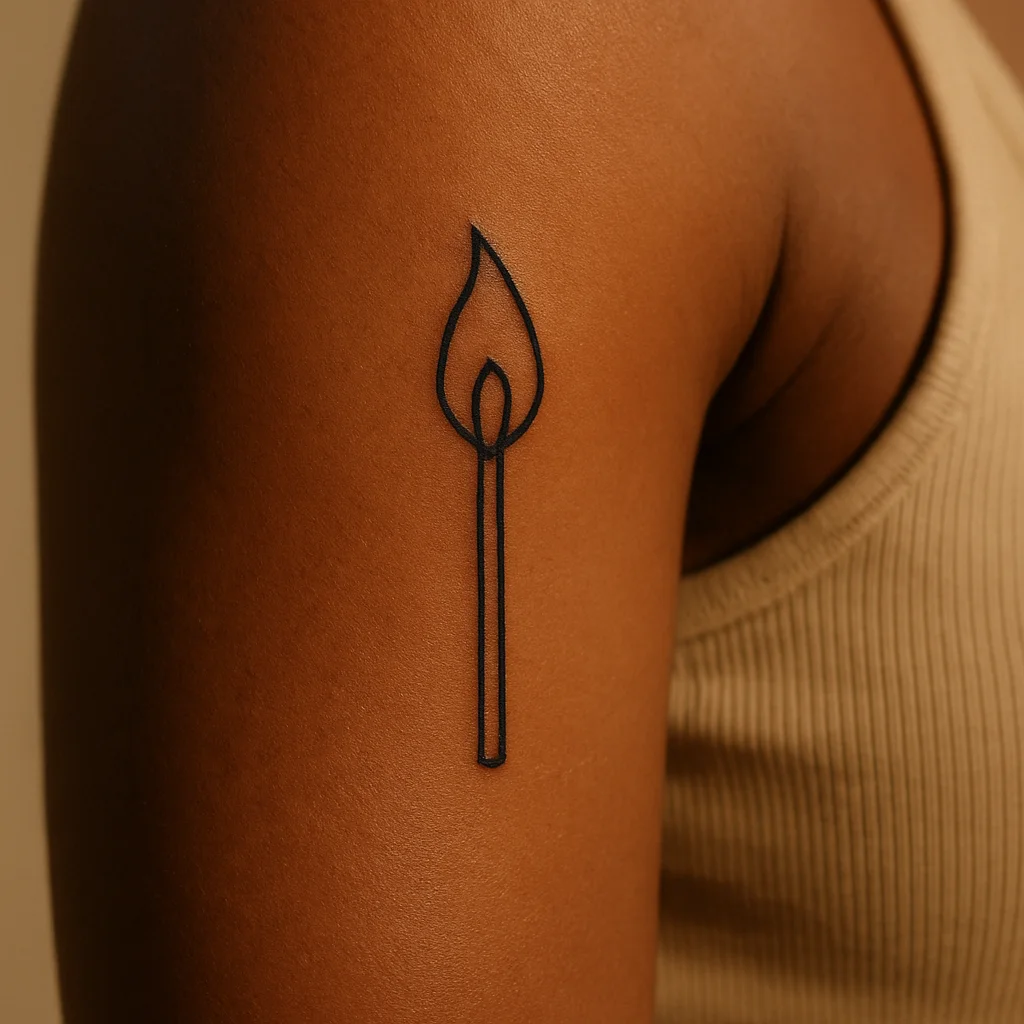 Struck matchstick tattoo in minimalist style on the upper arm